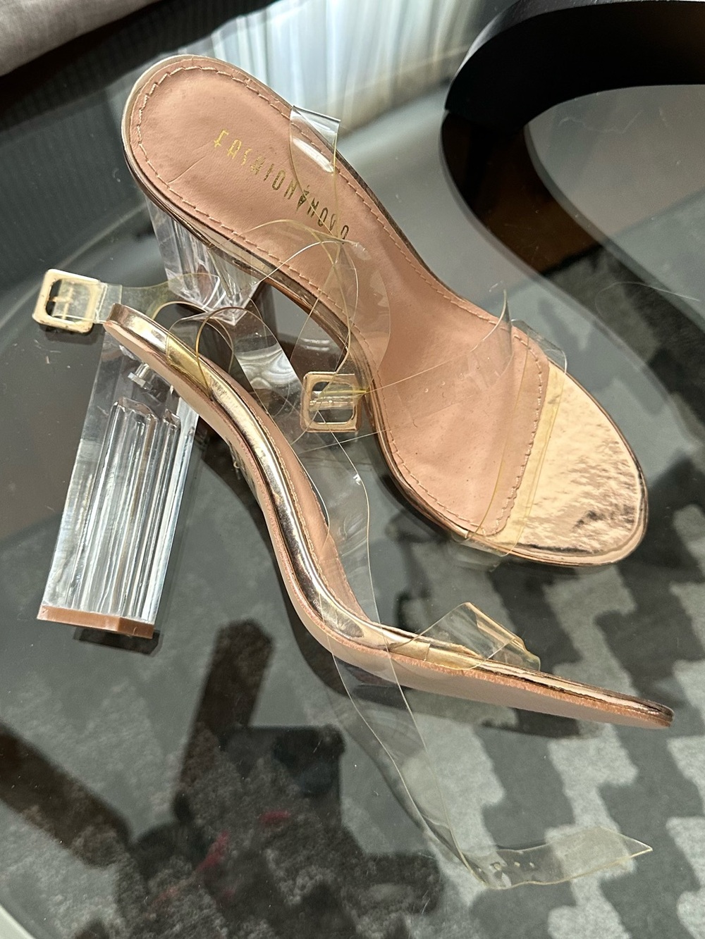 Fashion Nova Rose Gold Clear Strap Heel Sandals